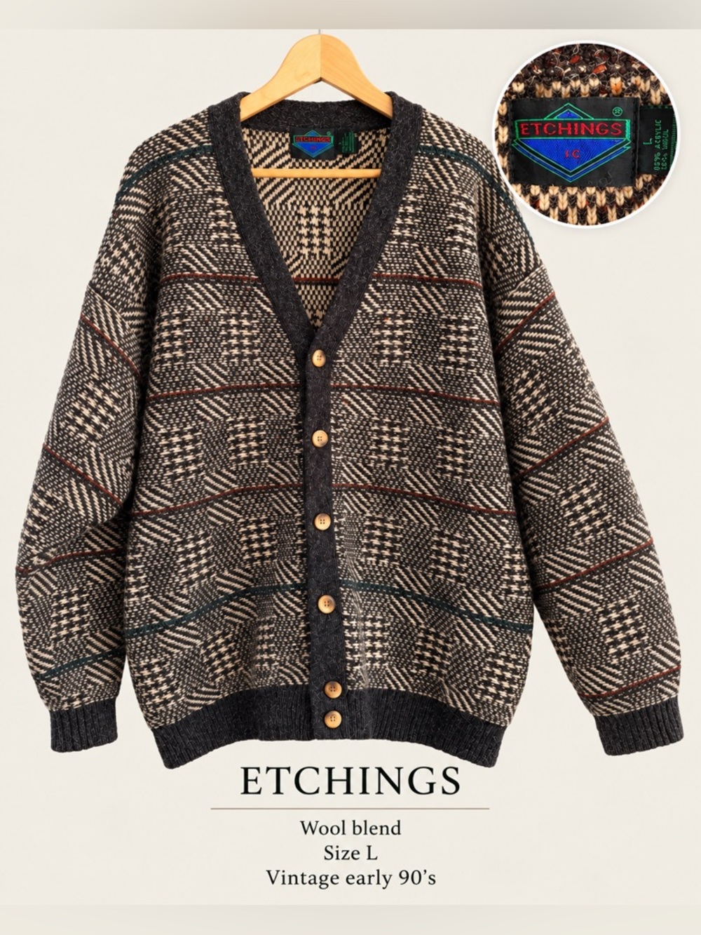 Vintage Etchings I.C. Wool Blend Cardigan – Size L – Early 90s